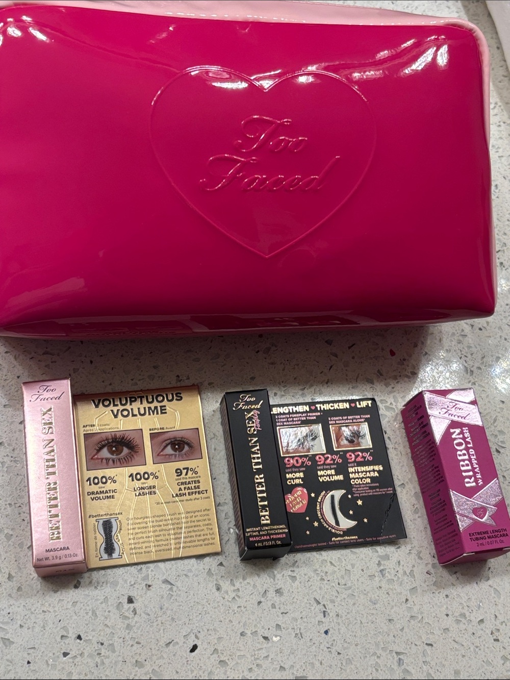 Too Faced Pink and Hot Pink Patent Makeup Bag with Mascara Set